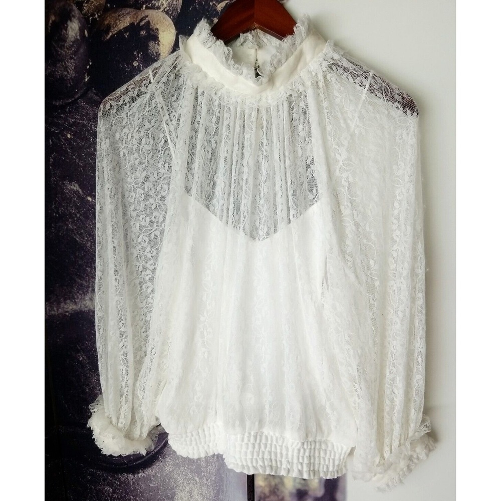 VINCE CAMUTO Women's Ivory‎ Lace Overlay Elastic Waist Balloon Sleeve Blouse S